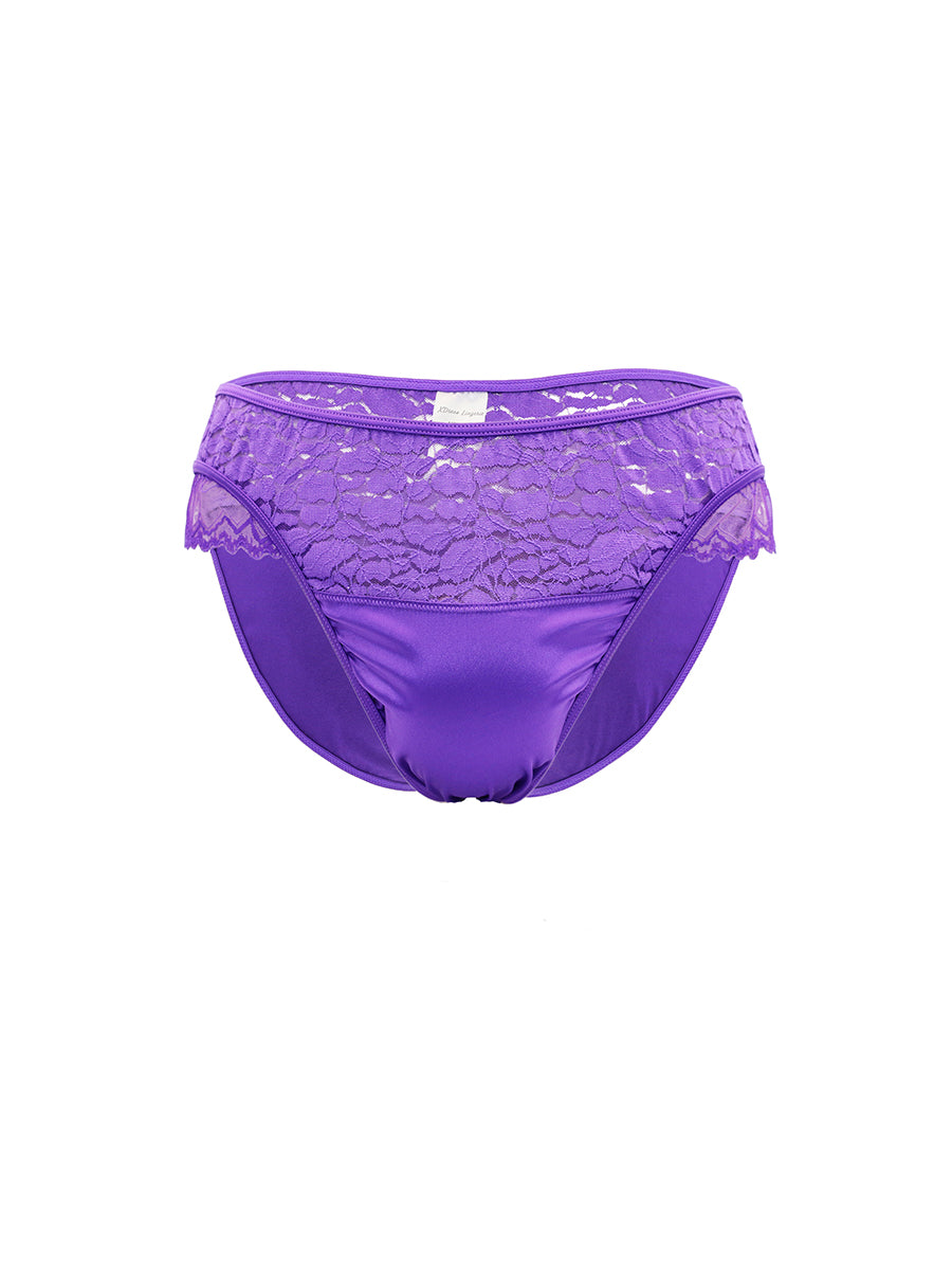Purple satin and lace men's underwear, on a white background.