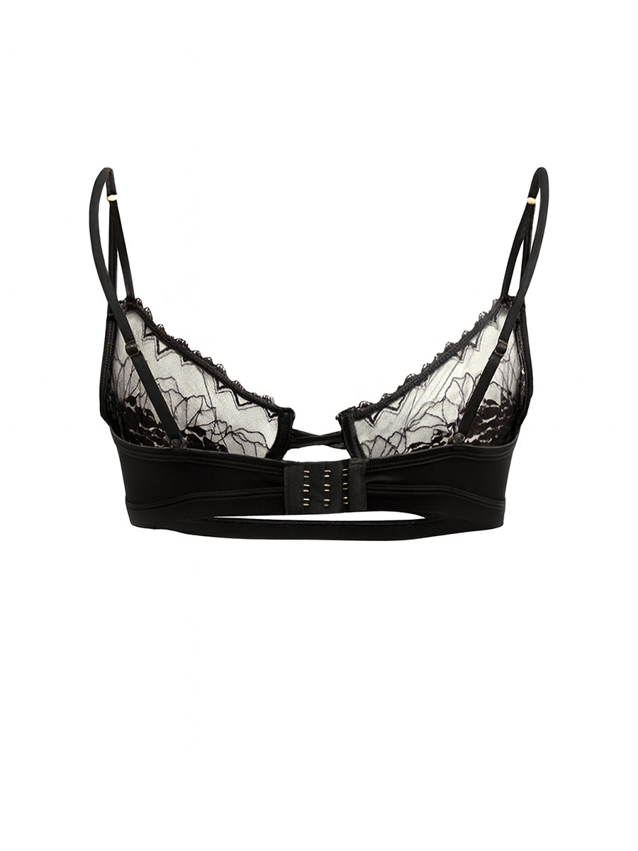 Black lace men's bra on a white background.