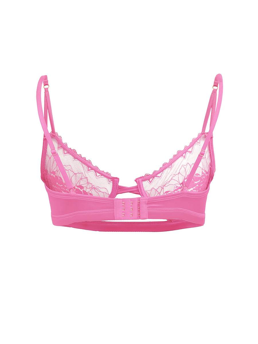 Pink lace bra for men on a white background.