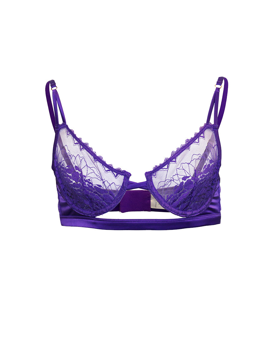 Purple lace bra on a white background