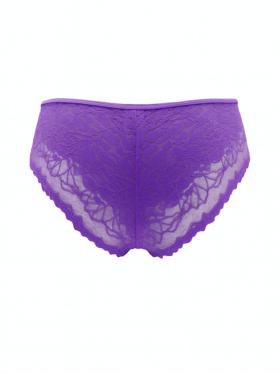 Purple lace underwear on a white background.