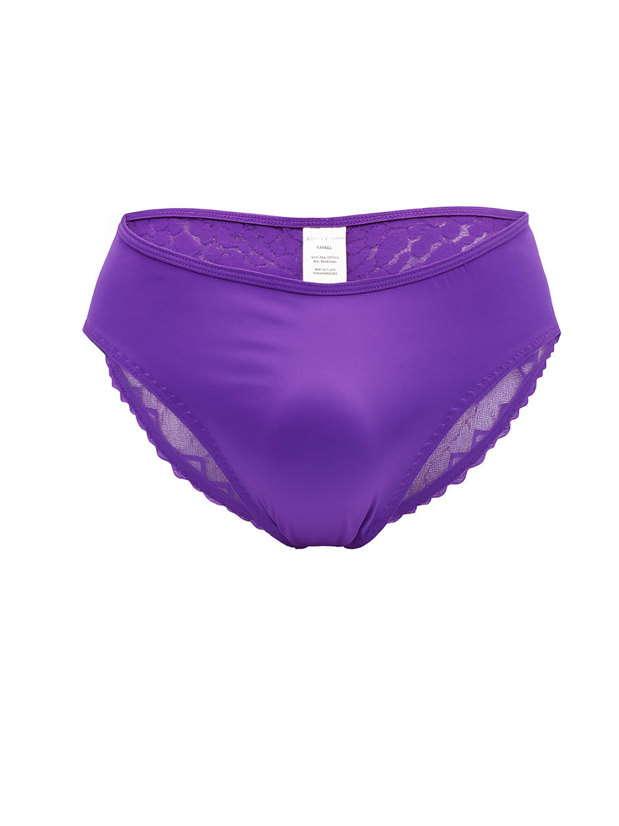 Purple men's underwear with lace details on a white background.