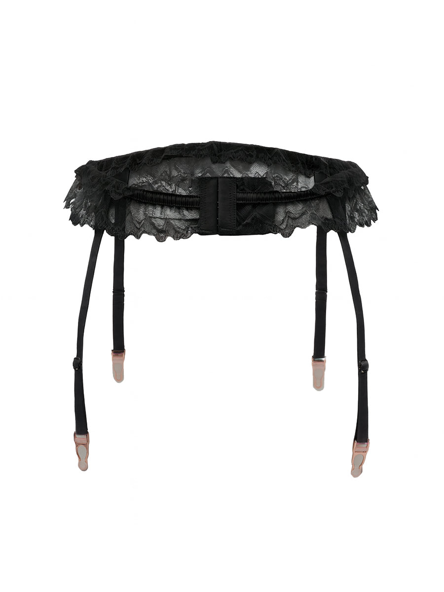 Black lace garter belt with straps on a white background