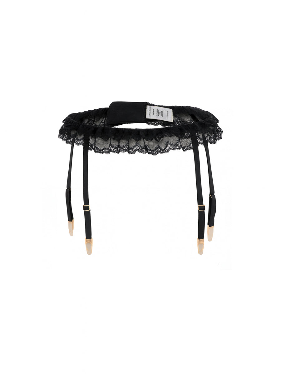 Black lace garter belt with straps on a white background