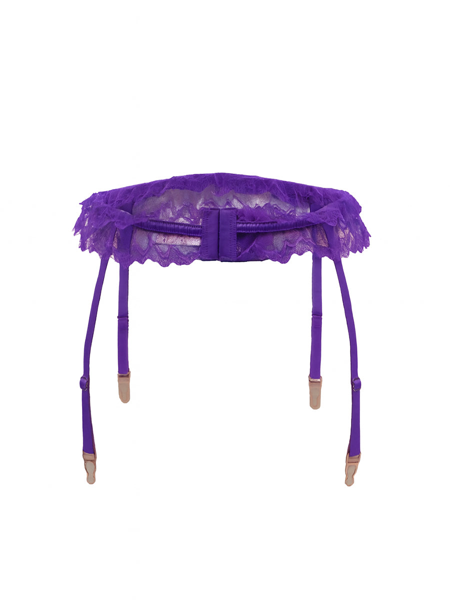 Purple lace garter belt for men on a white background.