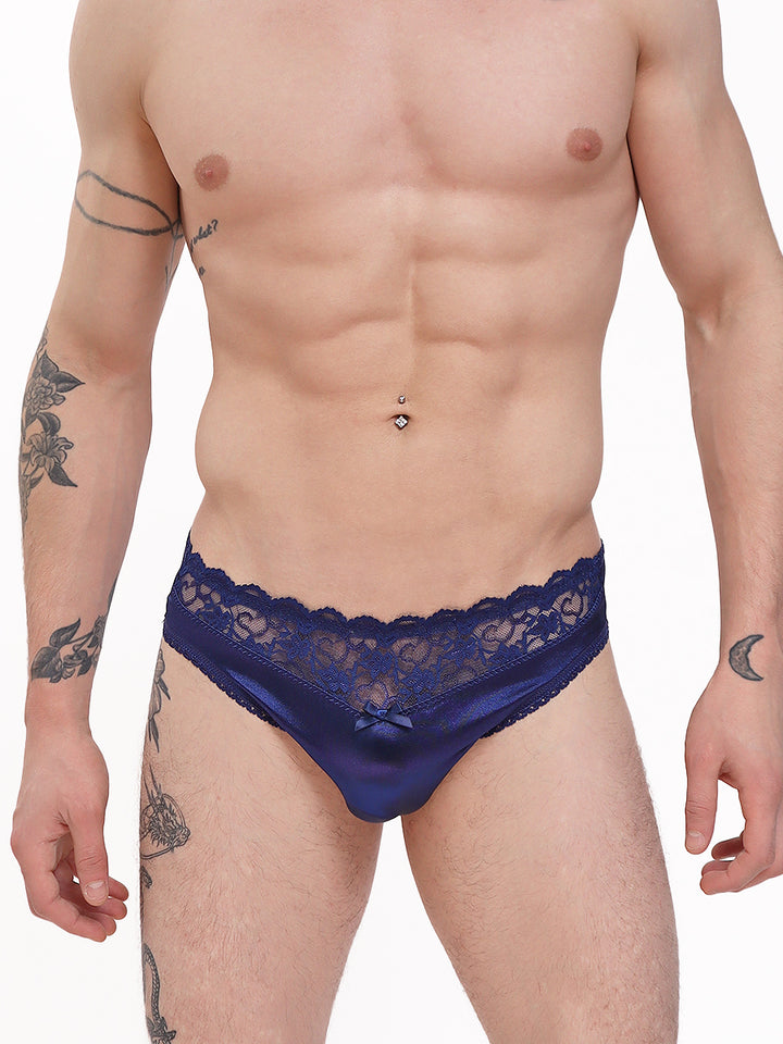 men's navy blue satin and lace bikini panty - XDress