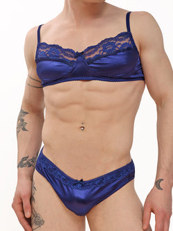 men's navy blue satin and lace bra - XDress