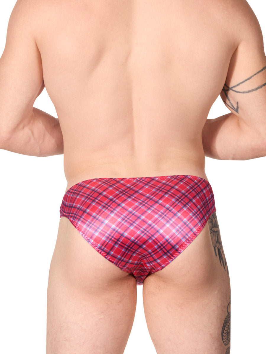 back view of a man wearing pink plaid XDress satin panties