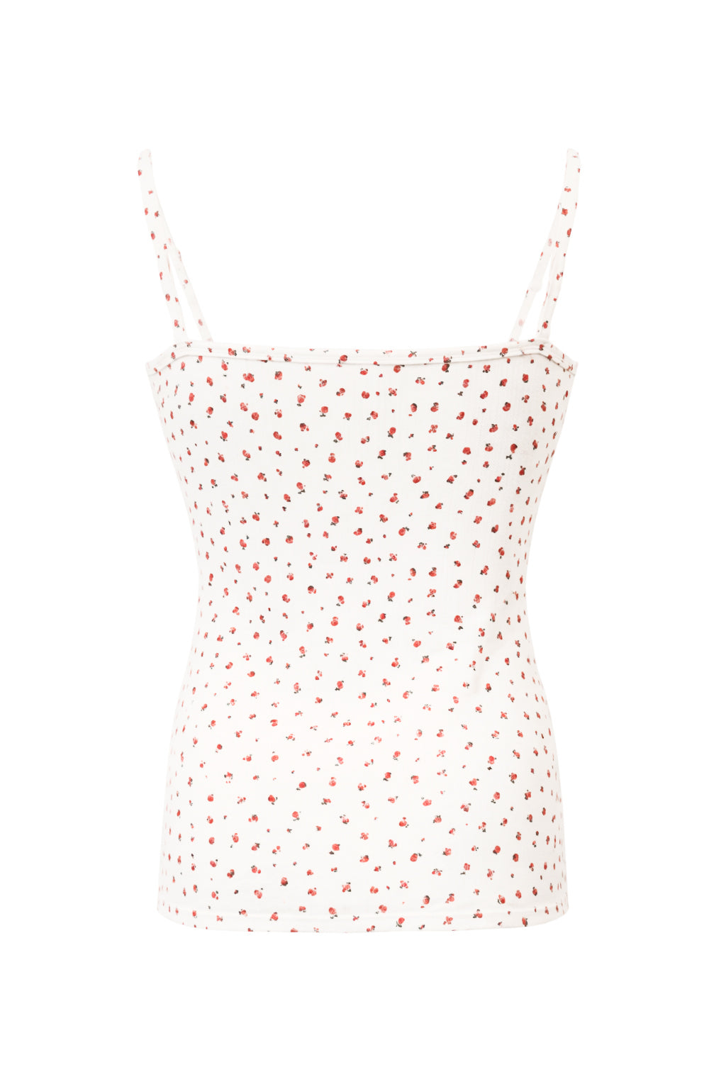 White camisole with red floral pattern on a white background