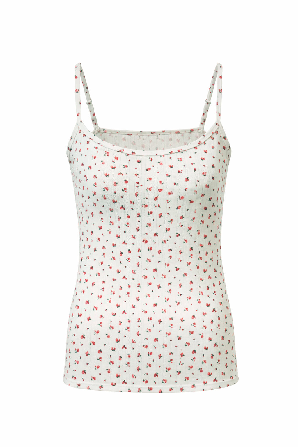 White camisole with red floral pattern on a white background