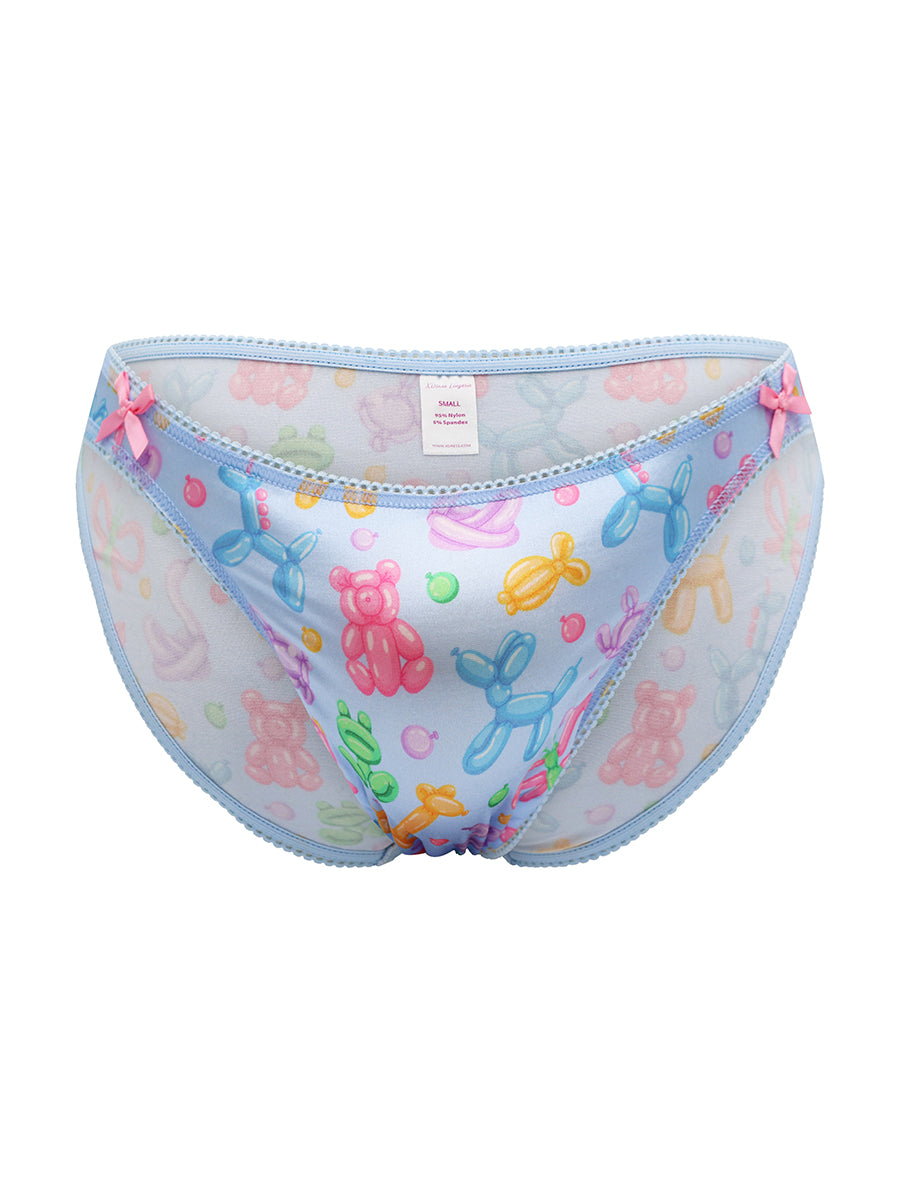 Colorful satin panties with balloon animal designs on a white background