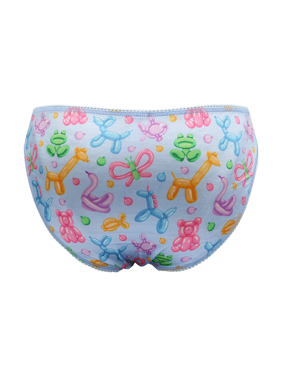 Colorful satin panties with balloon animal design on a white background