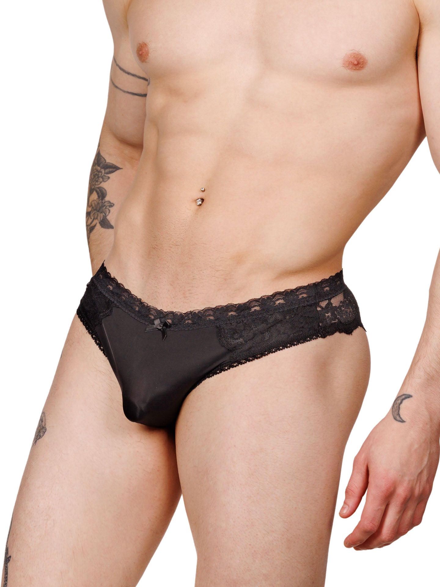 Front view of a male model wearing black XDress lace panties