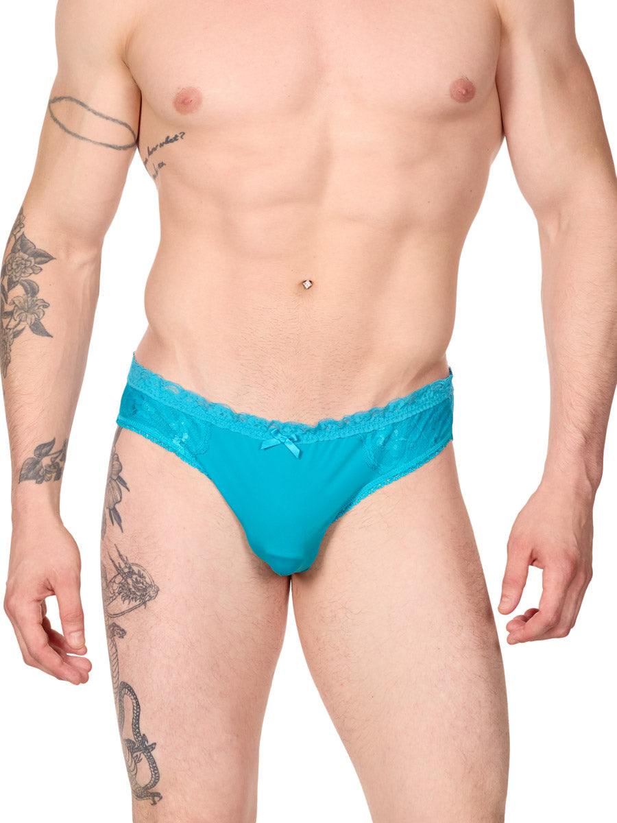 front view of man wearing XDress turquoise blue lacey panties with a bow on the front