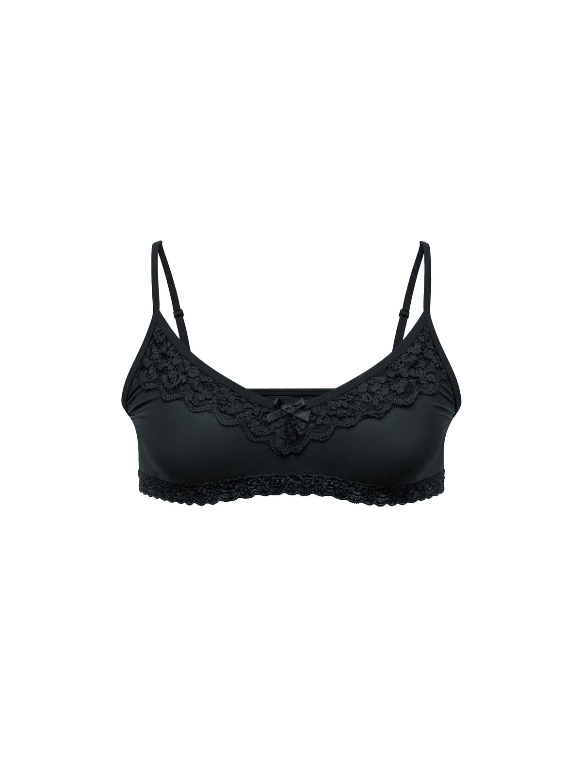 Front view of a black men's bra on a plain white background.