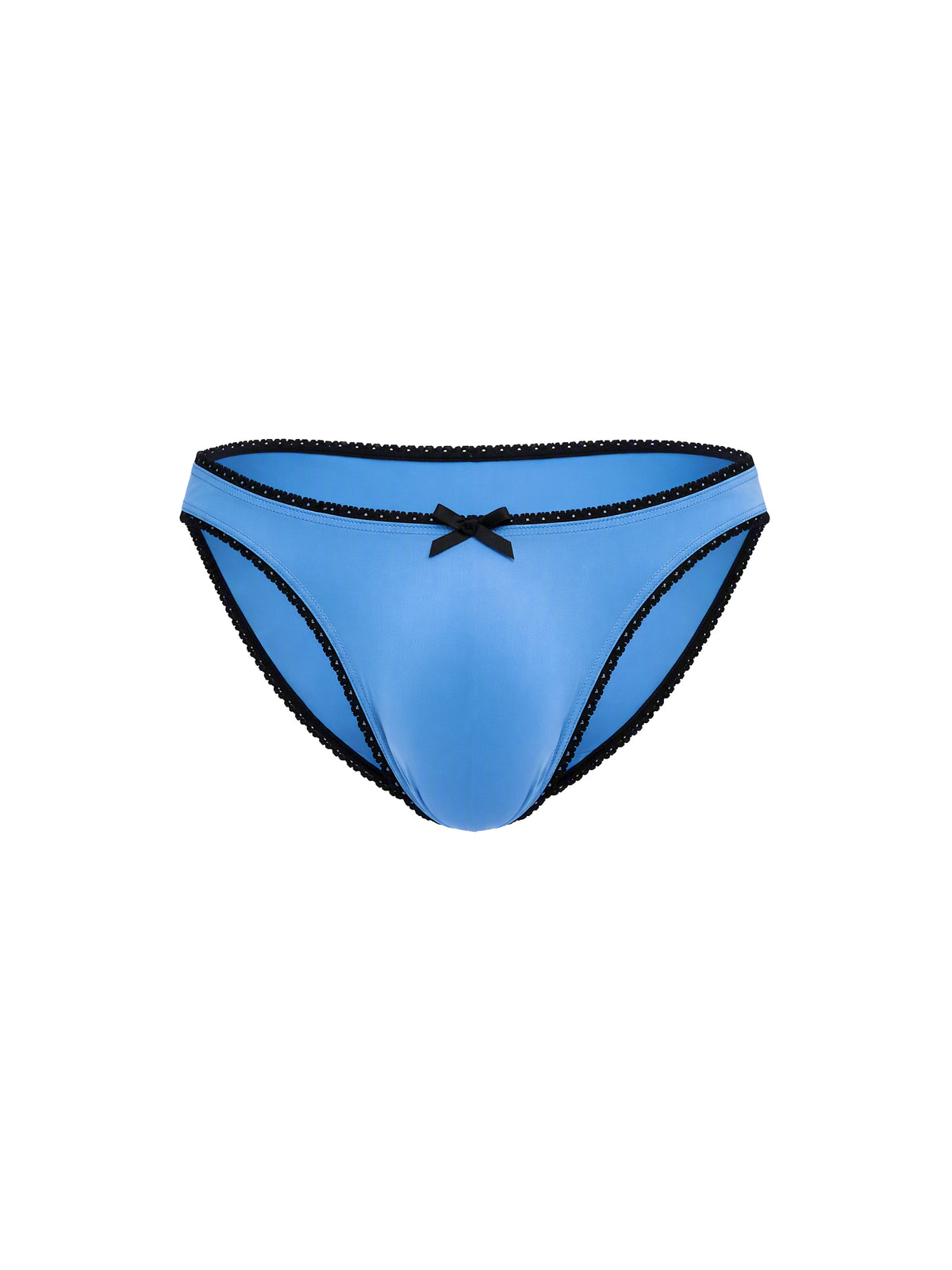 Front view of a men's light blue panty with black trim, against a plain white background.