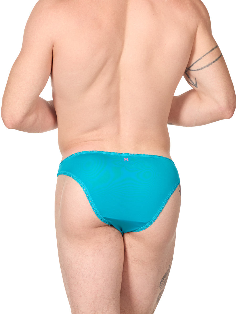 back view of man wearing an XDress turquoise blue bikini panty