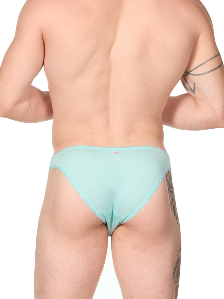 back view of man wearing an XDress light blue bikini panty