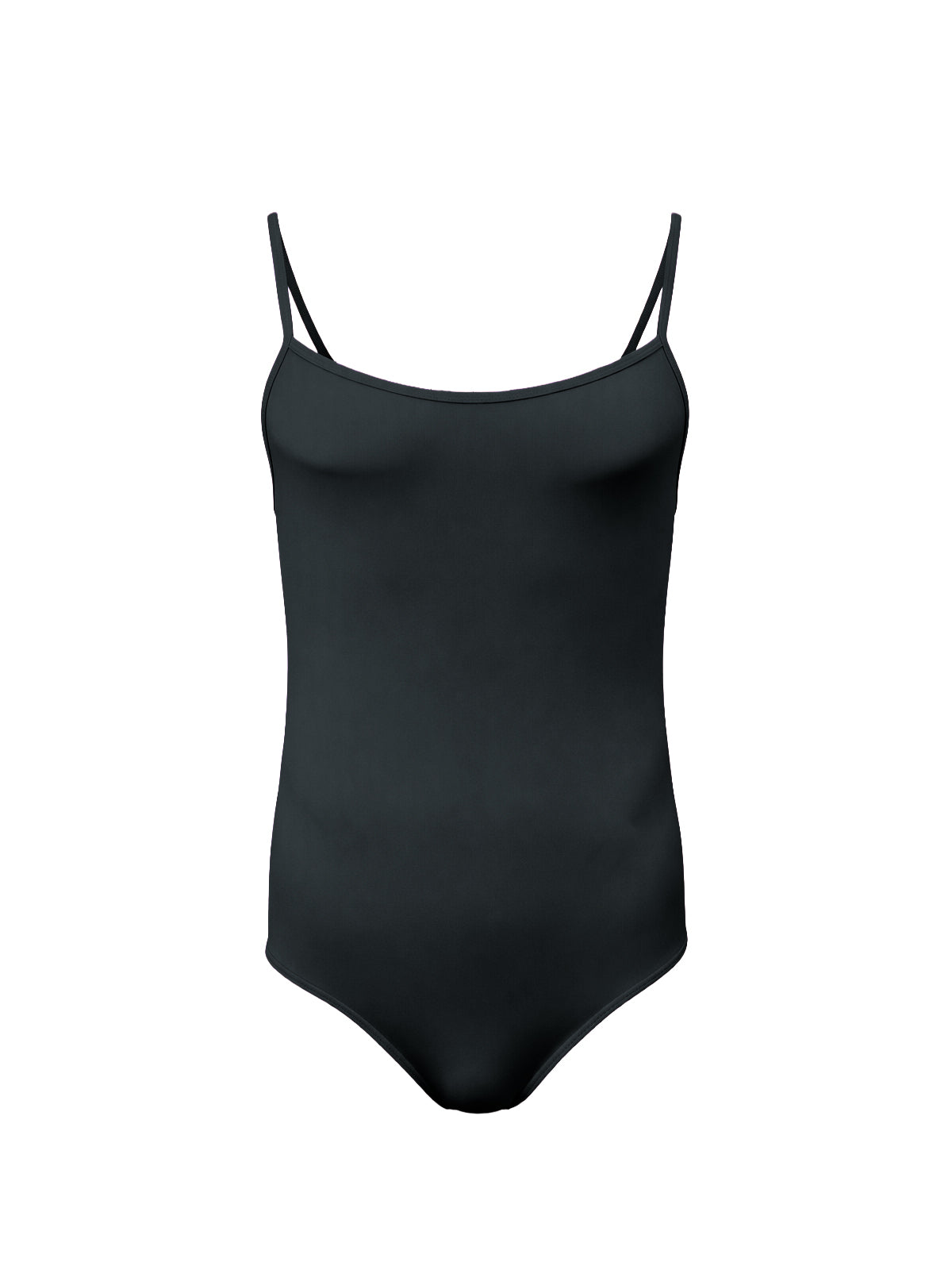 Front view of a black bodysuit on a plain white background.