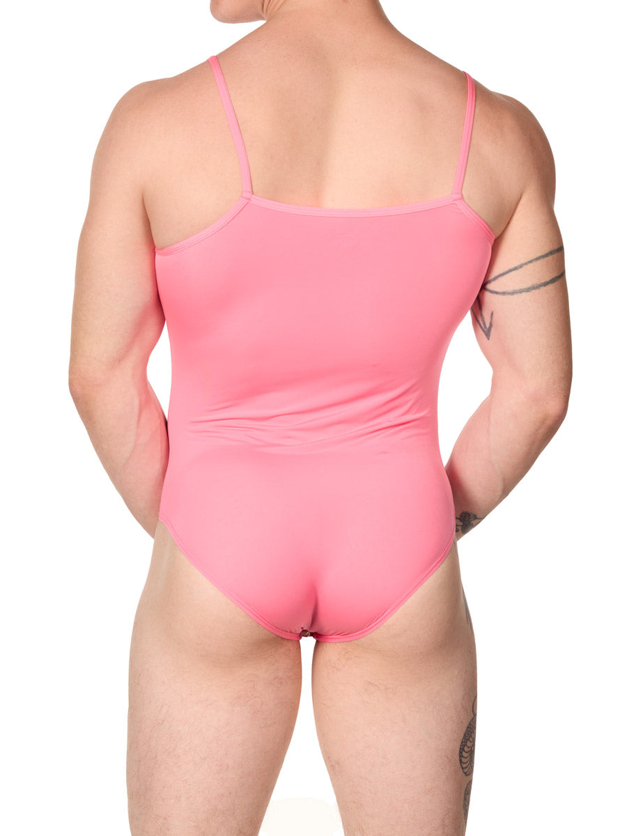 back view of man in an XDress pink one-piece nylon bodysuit