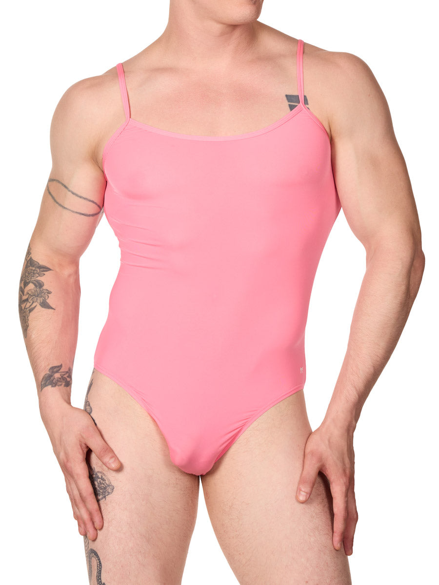 front view of man in an XDress pink one-piece bodysuit