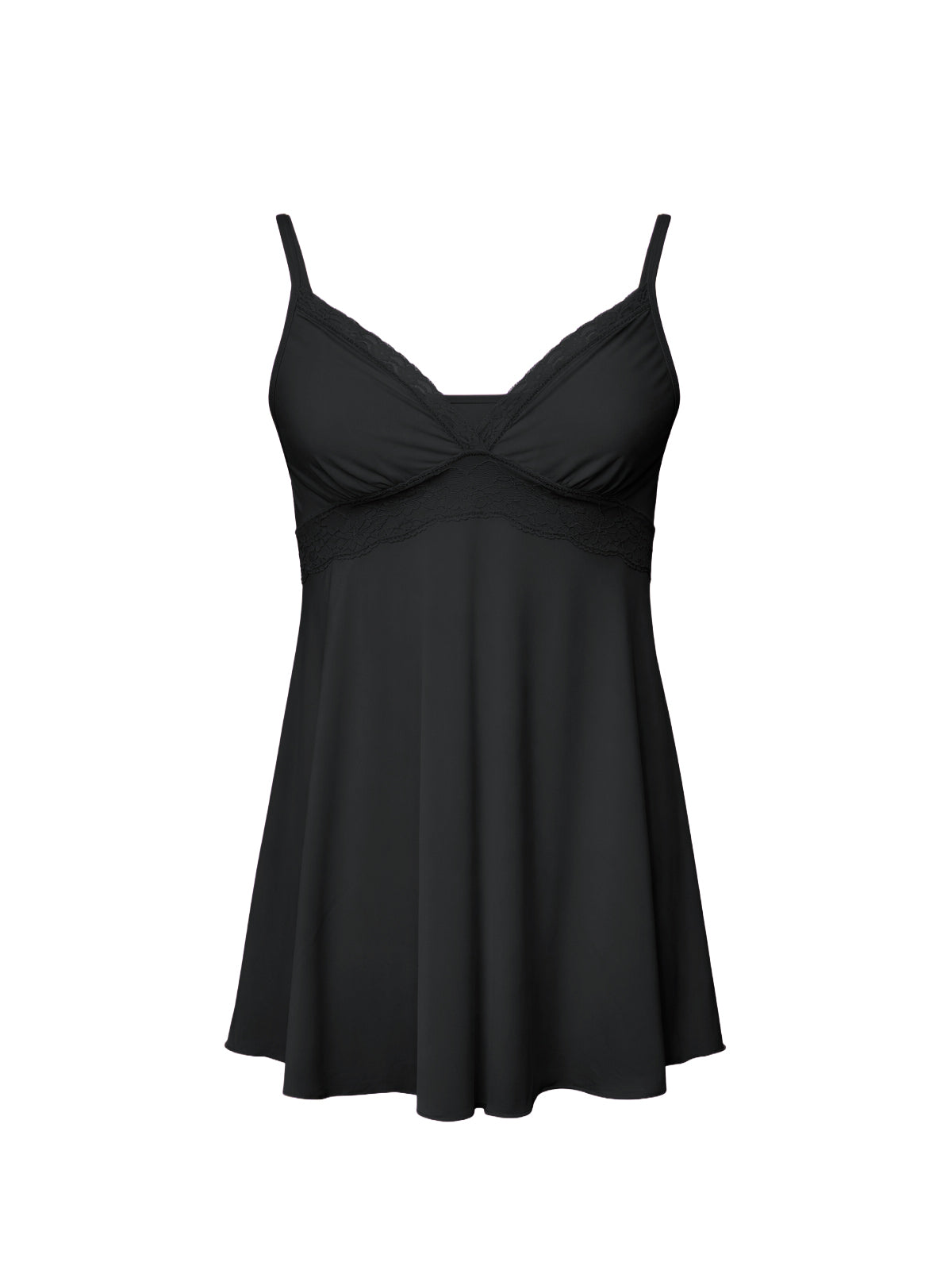 Front view of a black babydoll on a plain white background.