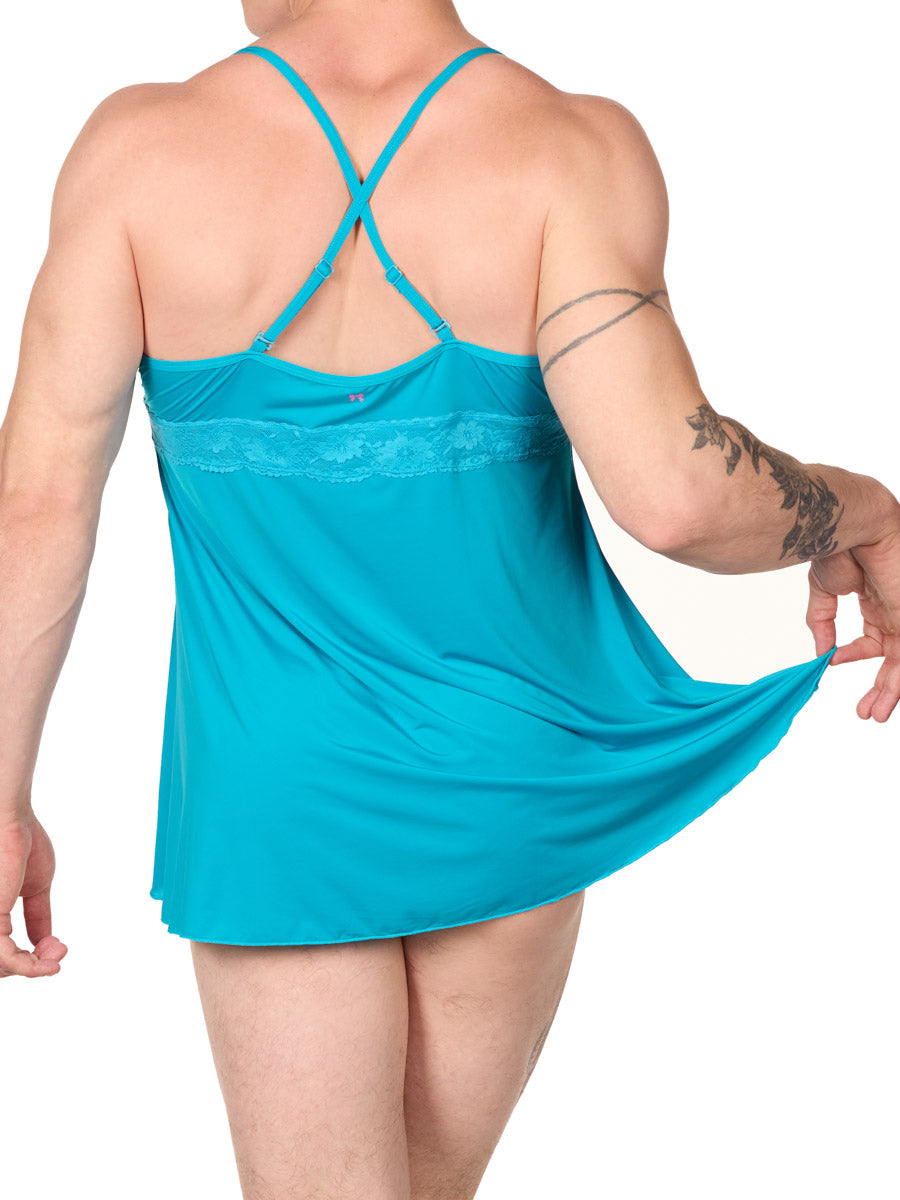 back view of man in an XDress turquoise blue babydoll lingerie holding up the hem