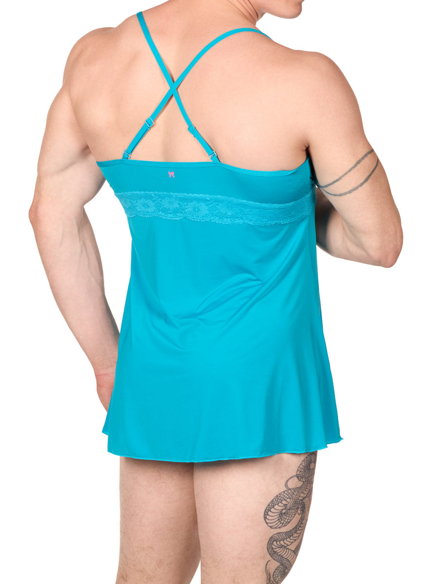 back view of man in an XDress turquoise blue babydoll lingerie