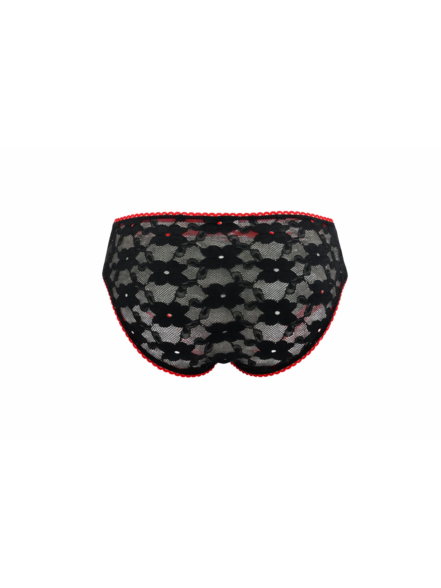 Black patterned underwear with red trim on a white background