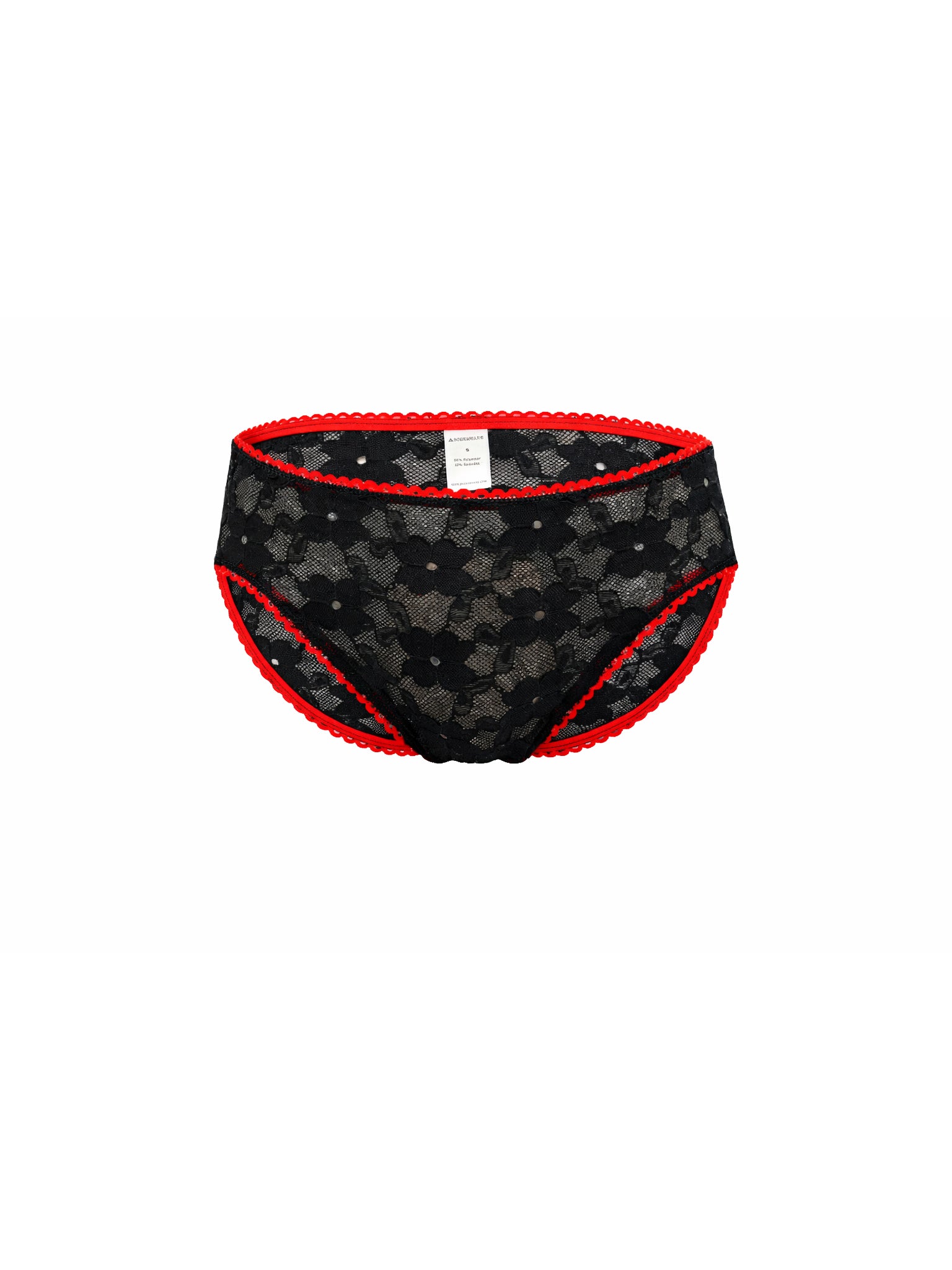 Black patterned underwear with red trim on a white background