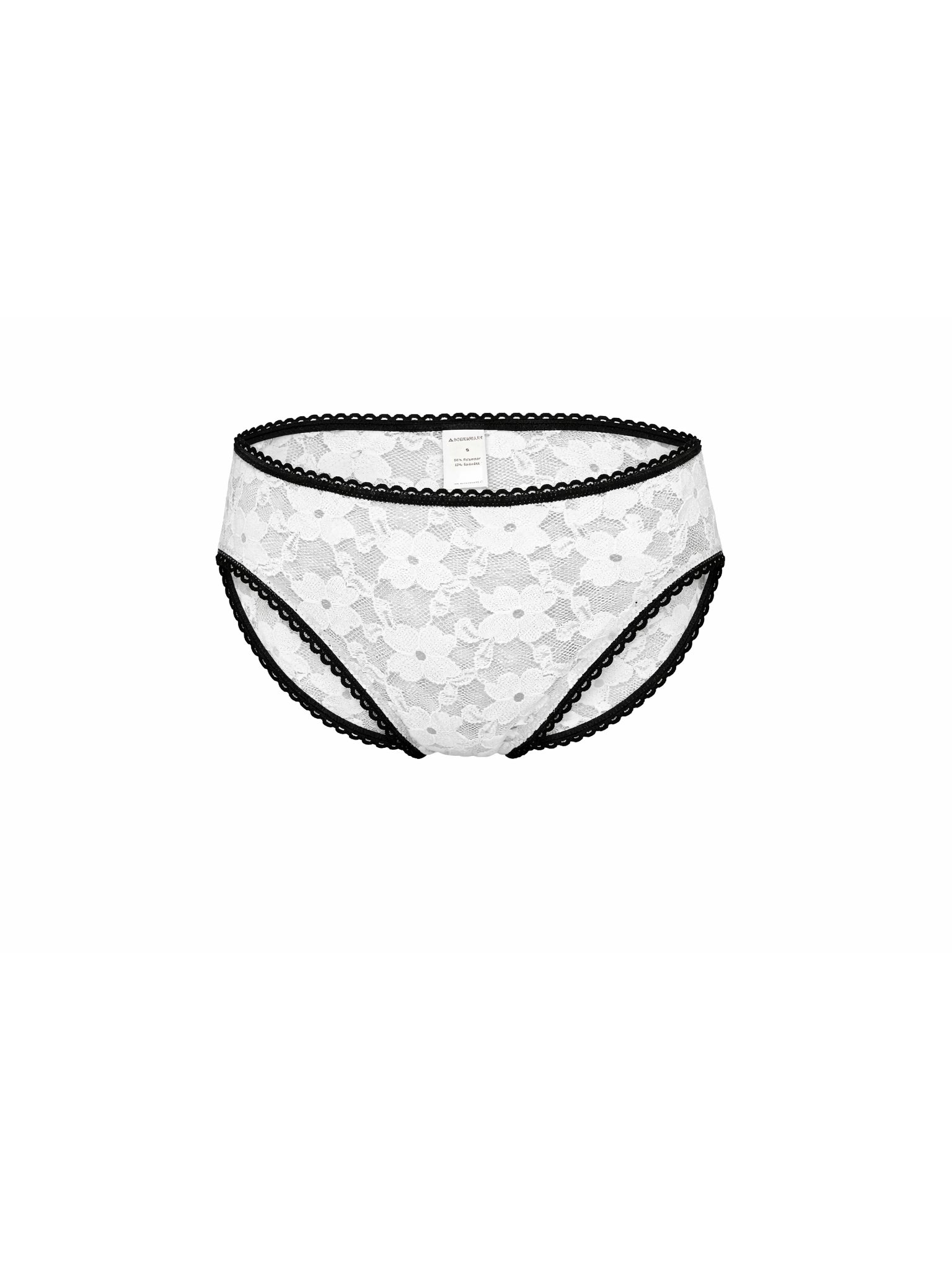 White underwear with black lace trim on a white background