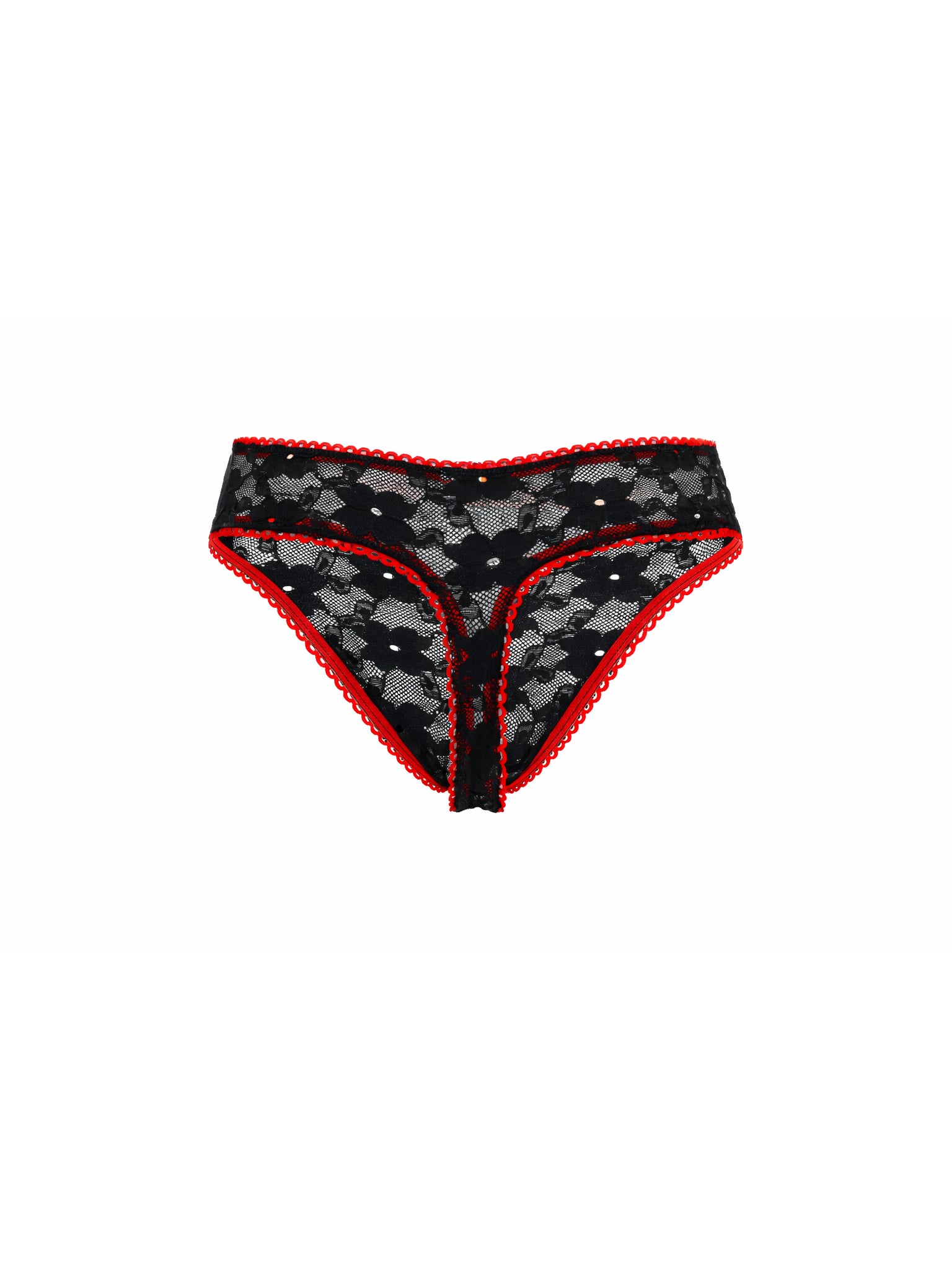 Black lace underwear with red trim on a white background