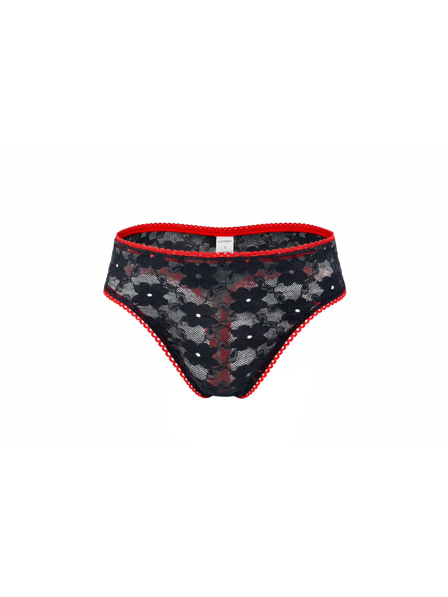 Black lace underwear with red trim on a white background