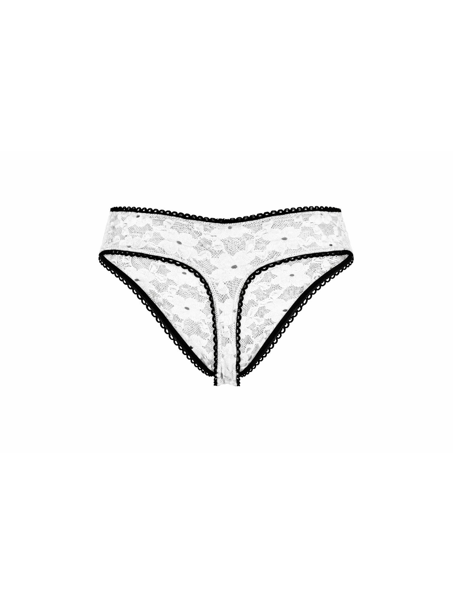 White lace thong with black trim on a white background