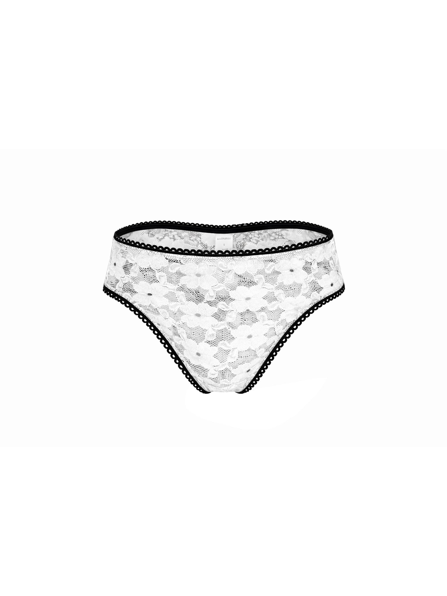 White lace thong with black trim on a white background