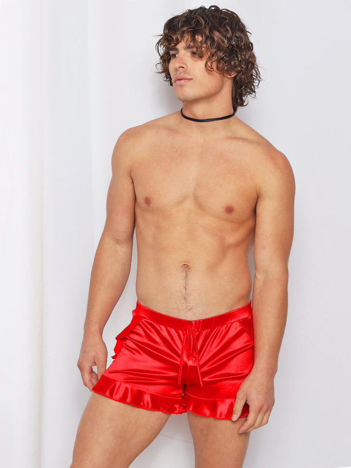 men's red satin ruffle shorts - XDress
