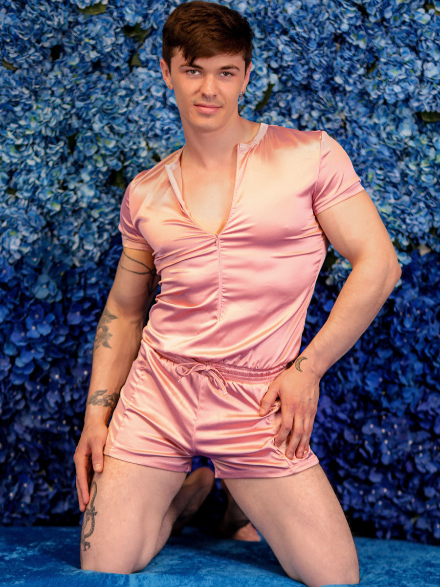  Men's Pink Silk Romper - XDRESS