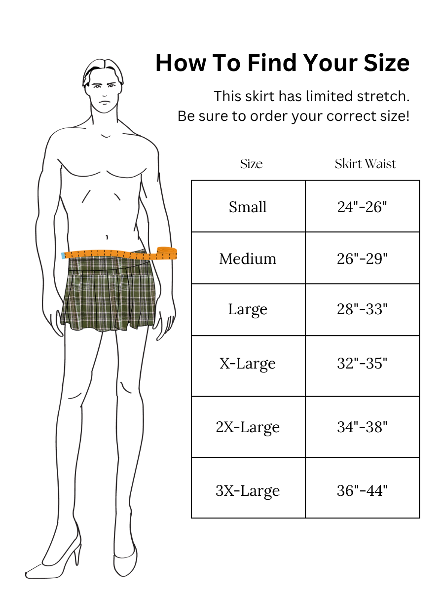 Skirt size chart with a mannequin and measurement guide on a white background