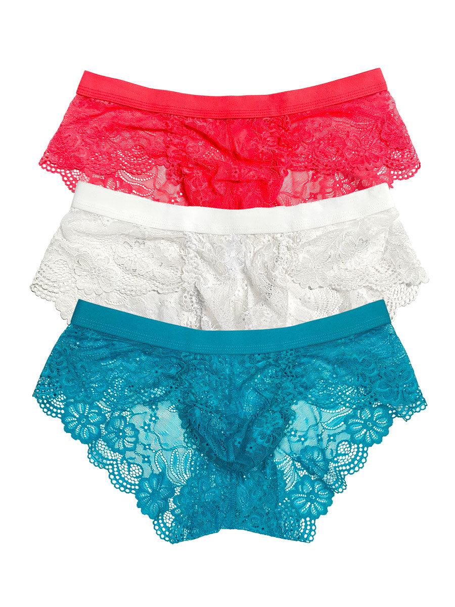 flat lay image of three XDress Valentina lace panties in red, white, and teal