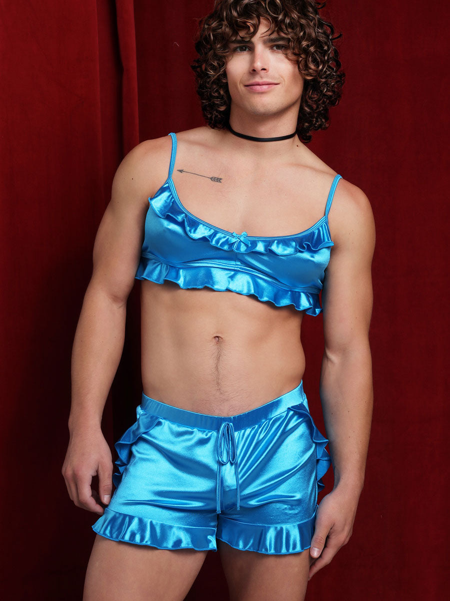 Men's Blue Satin Ruffle Bra - Sexy Satin Lingerie For Men - XDress Men's Blue Satin Ruffle Bra - Sexy Satin Lingerie For Men - XDress
