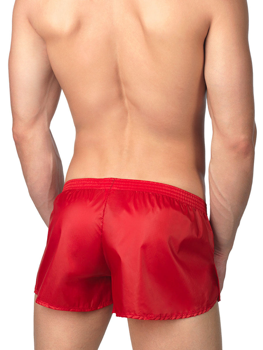 Men's red nylon boxer booty shorts