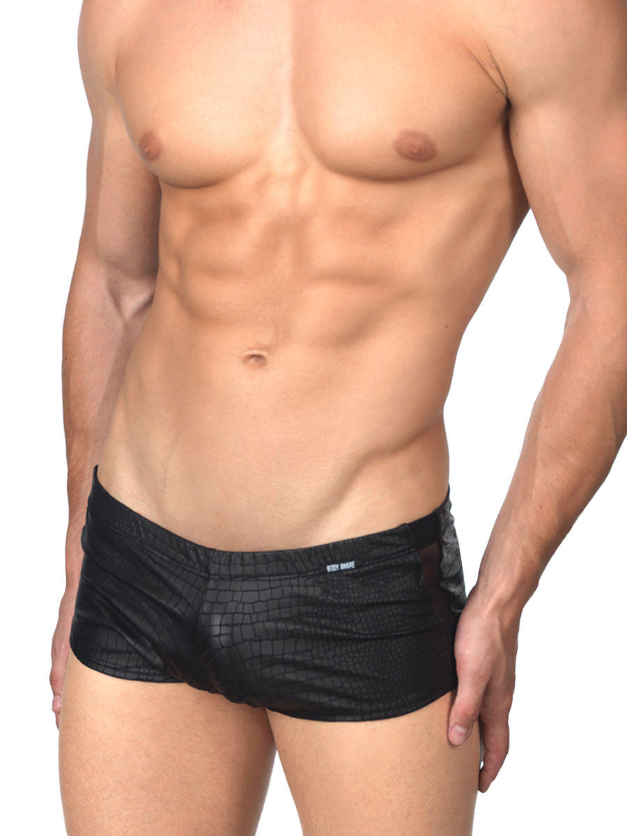 Men's black snake skin patterned booty shorts