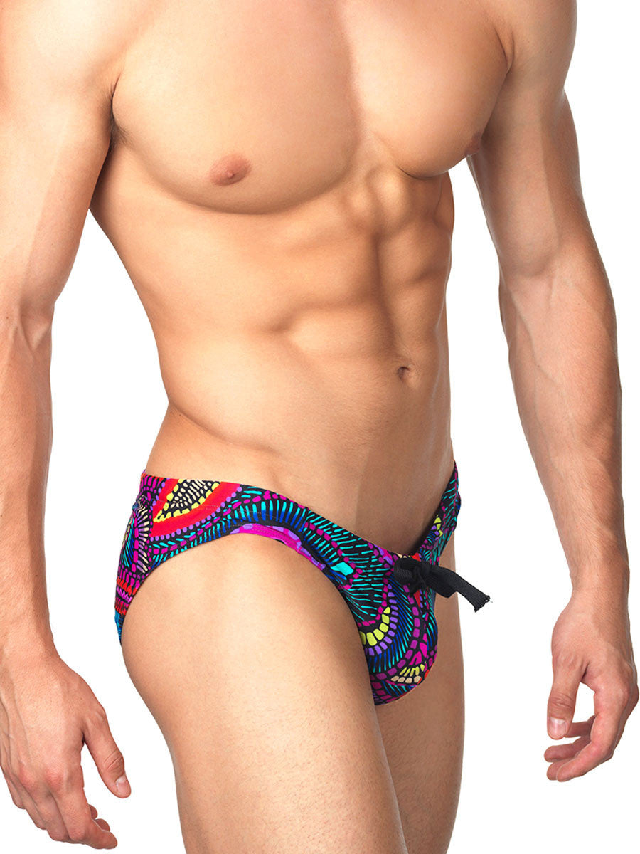 Men's purple paisley patterned drawstring swim brief