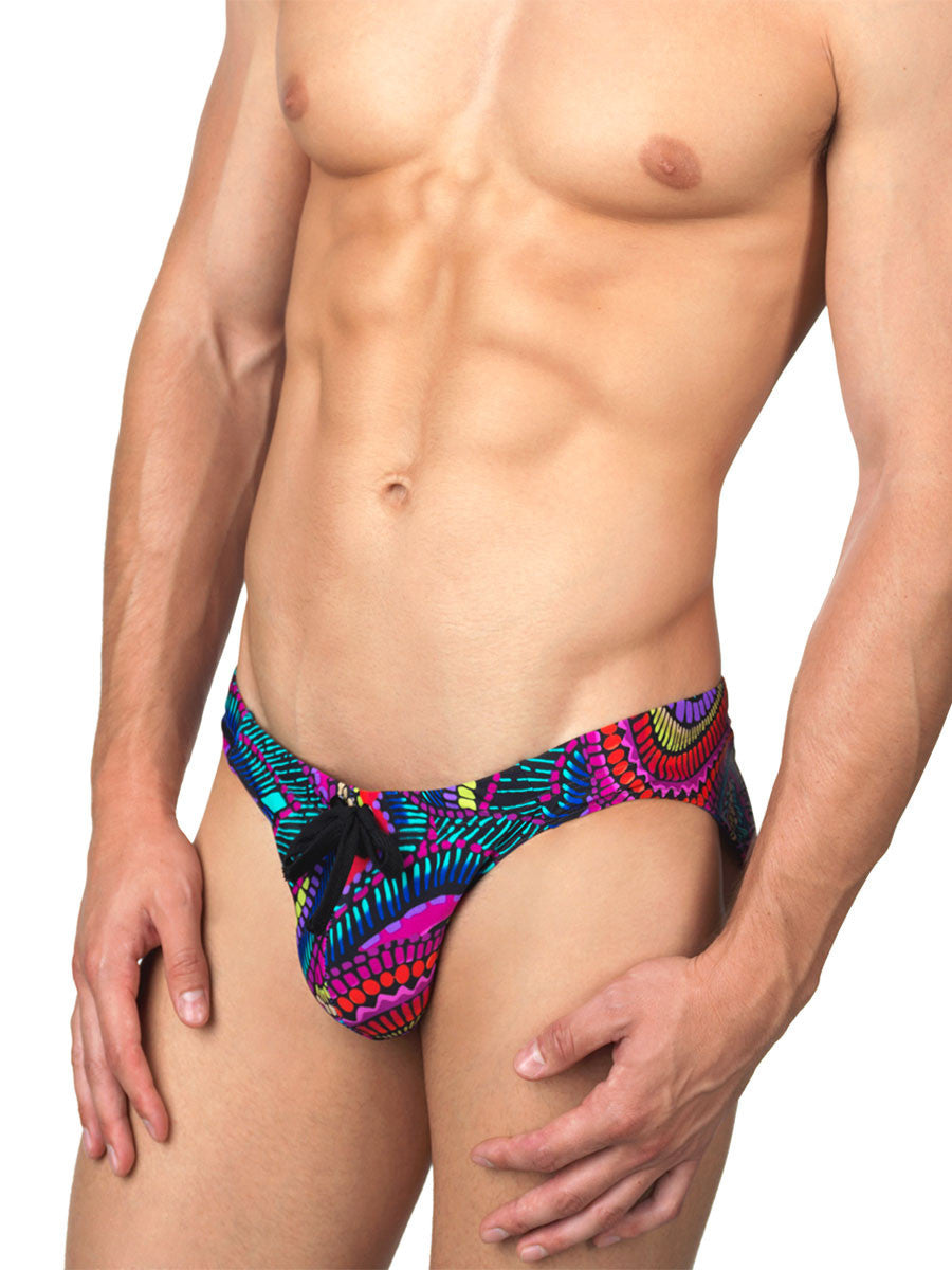 Men's purple paisley patterned drawstring swim brief