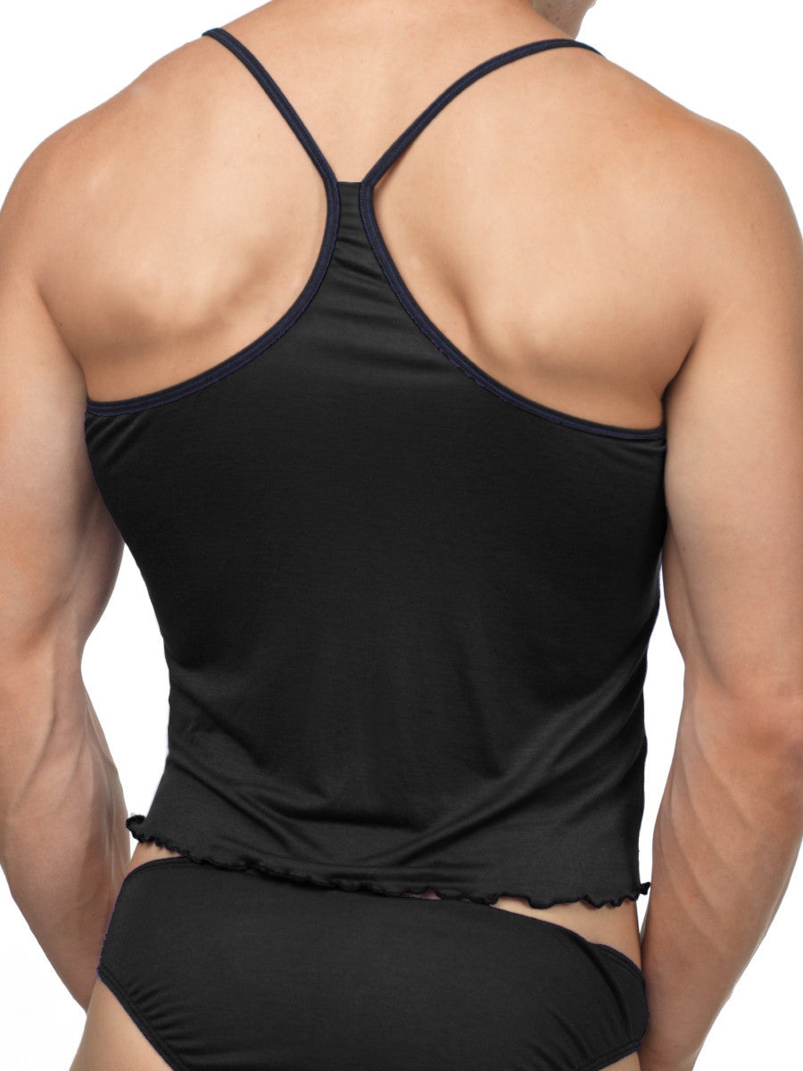 Men's black spaghetti strap frilly bottom sleep cami top