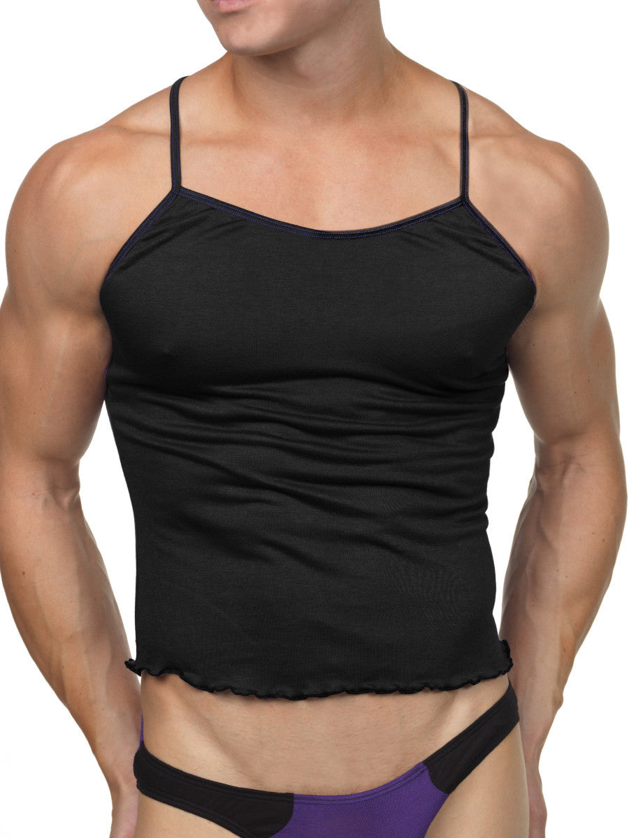 Men's black spaghetti strap frilly bottom sleep cami top