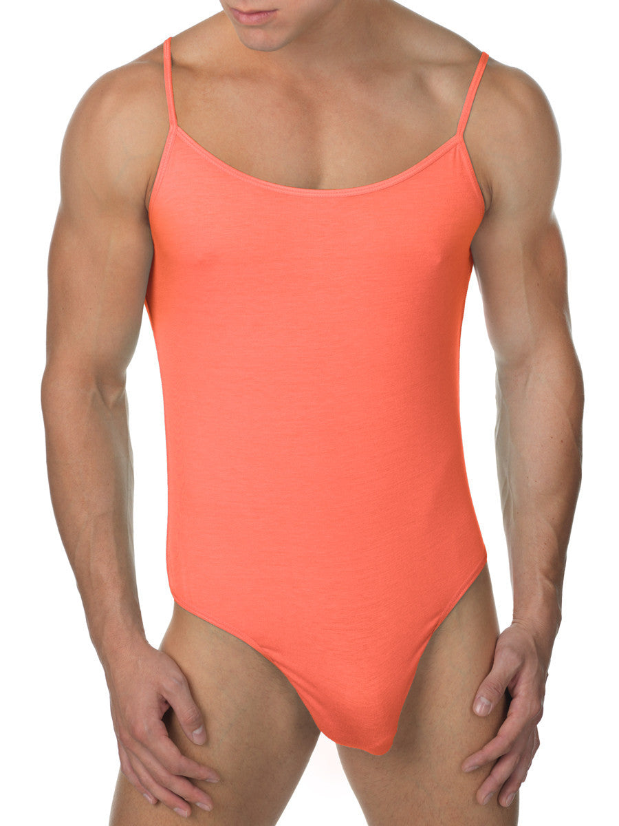 Men's pink soft rayon spaghetti strap leotard bodysuit