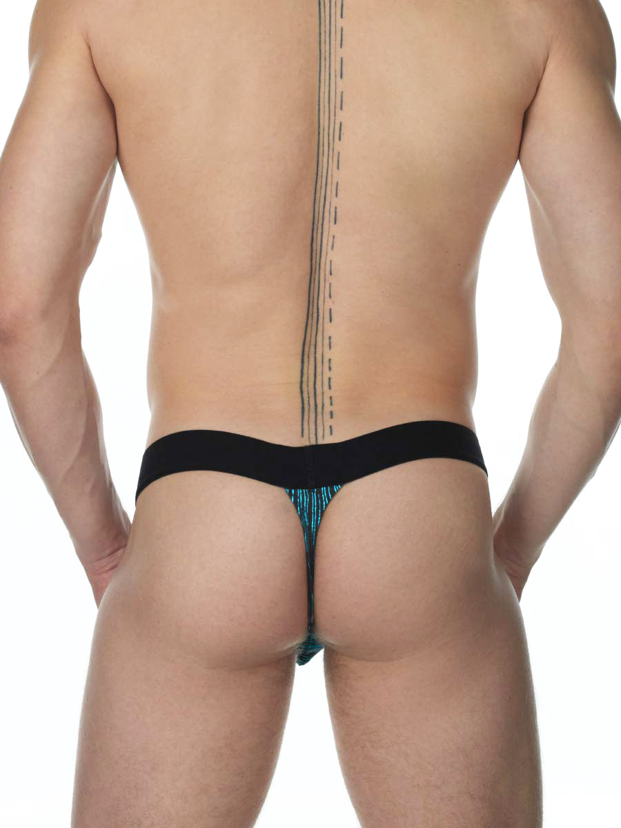 Men's metallic turquoise and black thong panties