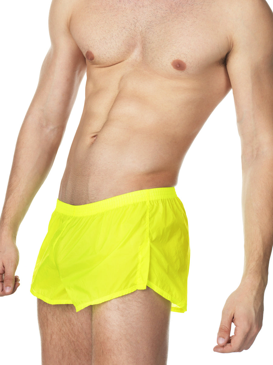 Men's neon yellow nylon boxer booty shorts