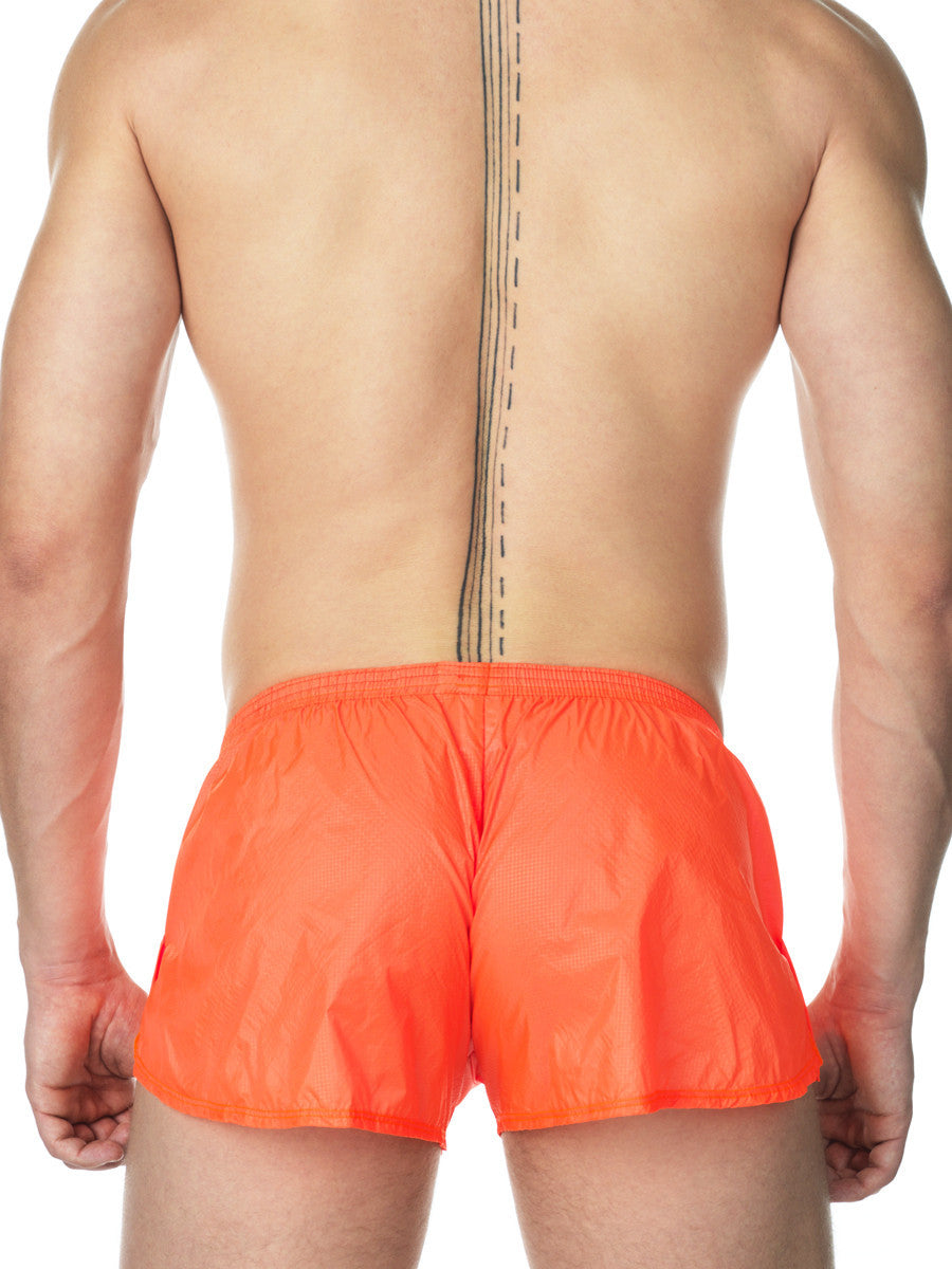 Men's neon orange nylon boxer booty shorts